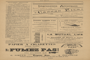 Eine alte Zeitung mit verschiedenen Anzeigen, die Text und Bilder enthält und einen nostalgischen Eindruck vermittelt.