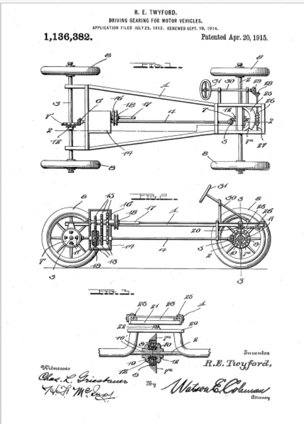 Ein Schwarz-Weiß-Patentzeichnung eines frühen 20. Jahrhundert Autos mit einem Lenkrad und Mechanismus, begleitet von beschreibendem Text auf dem Papier.