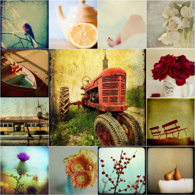 Eine Collage mit einem Fahrzeug, Boot, Teekanne, Gebäude, Blumen und Bänken.