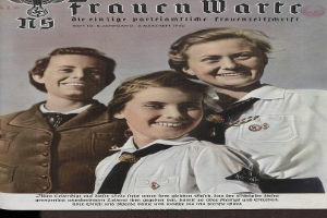 Ein altes deutsches Magazin namens "Frauenwarte" mit einem Coverfoto eines lachenden Mannes und zweier Frauen und dem Text "Deutscher Weltkrieg II".