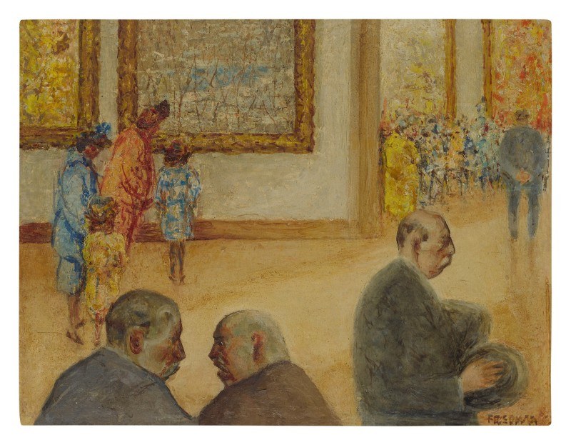 Gemälde "Die Ausstellung im Museum of Fine Arts" von Édouard Manet zeigt formell gekleidete Menschen, die in einer Museumsgalerie miteinander sprechen.