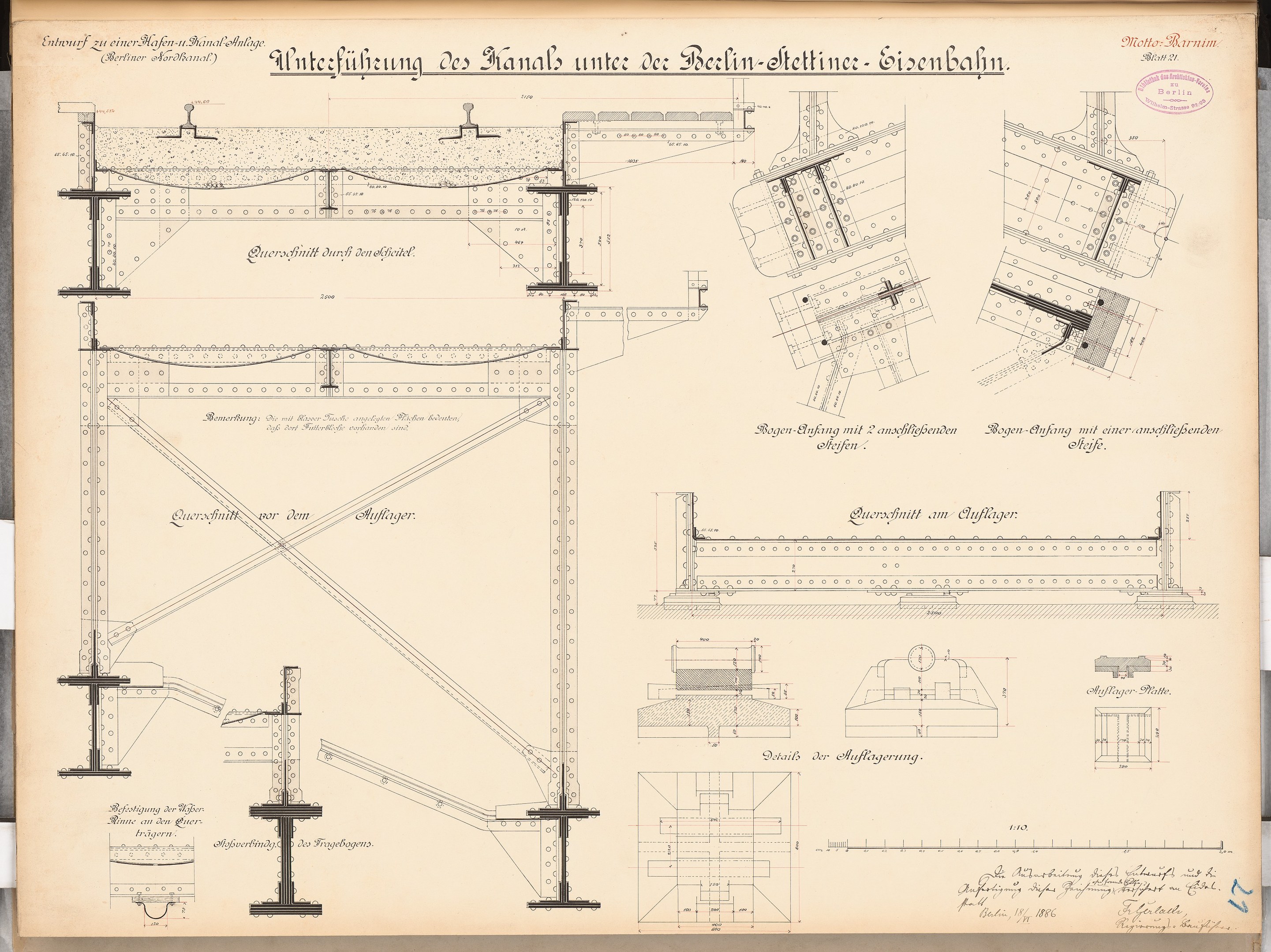 Ein detailliertes architektonisches Drawing der Berlin-Sienbahn-Brücke, das strukturelle Pläne und Anmerkungen auf Papier zeigt.