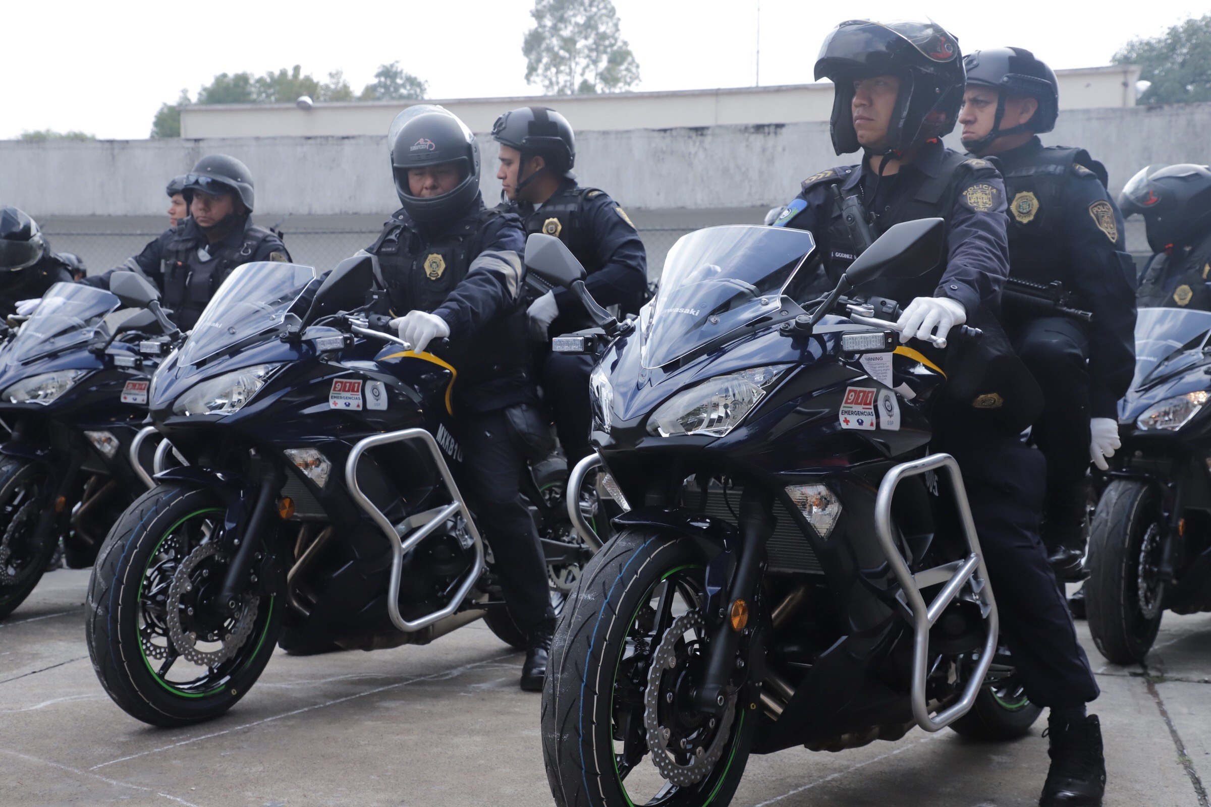 Eine Gruppe von Polizeibeamten in schwarzen Uniformen, Helmen und Handschuhen auf Motorrädern in einer Parkanlage mit Bäumen, einer Wand und einem klaren blauen Himmel im Hintergrund.