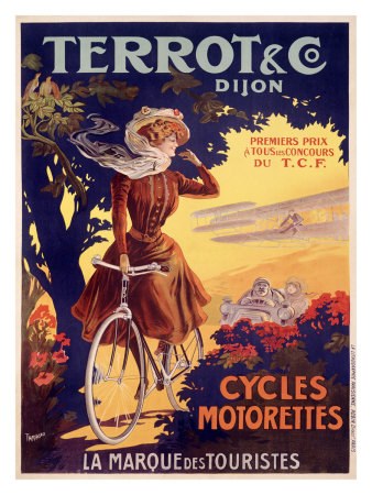 Ein Plakat, das eine Fahrradtour in Frankreich ankündigt und eine Frau zeigt, die ein Fahrrad fährt und von Bäumen, Blumen und anderen Menschen umgeben ist, mit Text, der die Tour beschreibt.