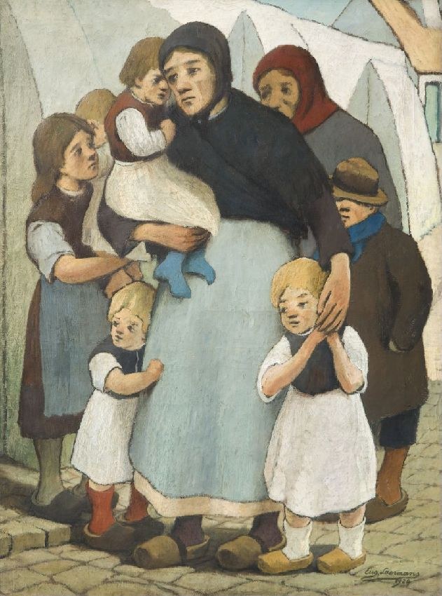 Gemälde mit dem Titel "Mutter und Kinder" von Eugène Delacroix, das eine Frau zeigt, die ein Baby hält, umgeben von stehenden Menschen, mit einem Haus, einem Baum und einem bewölkten Himmel im Hintergrund.