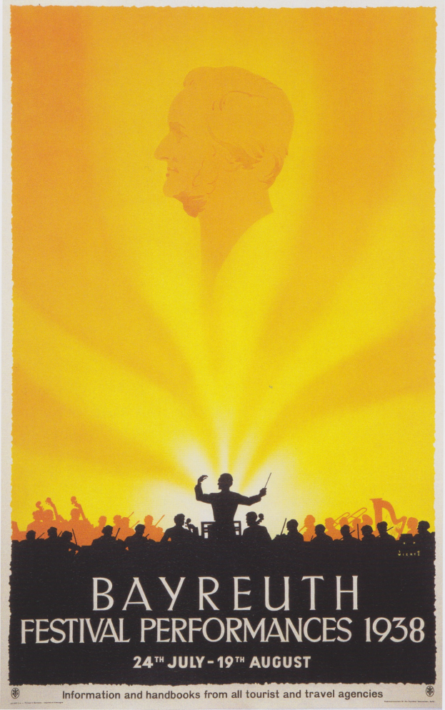 Ein Plakat für die Bayreuther-Festspiele 1938, das eine zentrale Figur umgeben von einer Gruppe von Menschen zeigt, mit Texten, die Festival-Informationen bereitstellen.