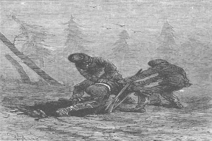 Eine Schwarz-Weiß-Radierung von zwei Männern in einem Waldgebiet, einer hält eine Waffe, mit Vögeln am Himmel und Text unten lesbar 'Der Tod eines deutschen Soldaten'.