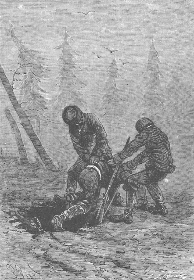 Eine Schwarz-Weiß-Radierung von zwei Männern in einem Waldgebiet, einer hält eine Waffe, mit Vögeln am Himmel und Text unten lesbar 'Der Tod eines deutschen Soldaten'.