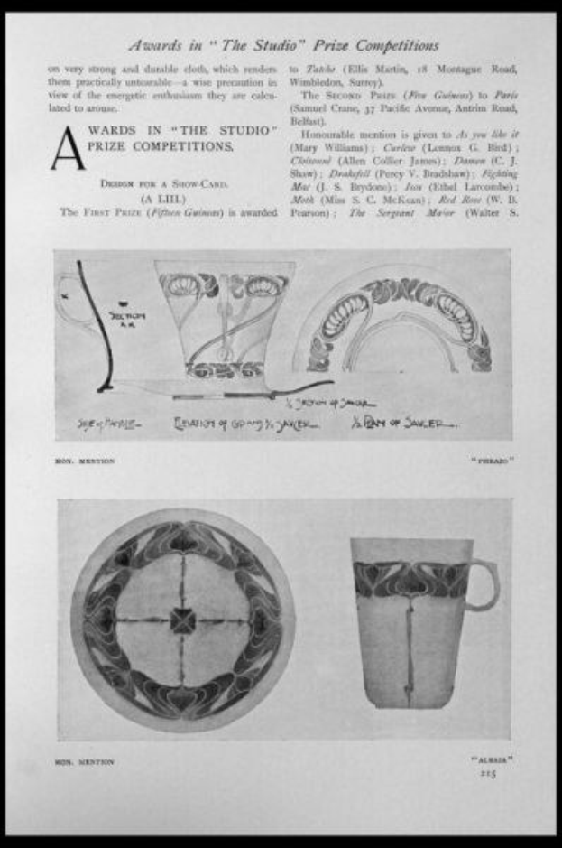 Schwarze und weiße Zeichnung einer Tasse und eines Untersetzers mit einem Design, umrahmt von einem schwarzen Rand, und Text, der "Awards in the Studio Prize Competitions" lautet.