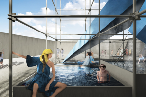 Ein digital illustrierter Swimmingpool mit einem Kind beim Schwimmen, umgeben von Eisenstangen oben und einer Wand auf der linken Seite.