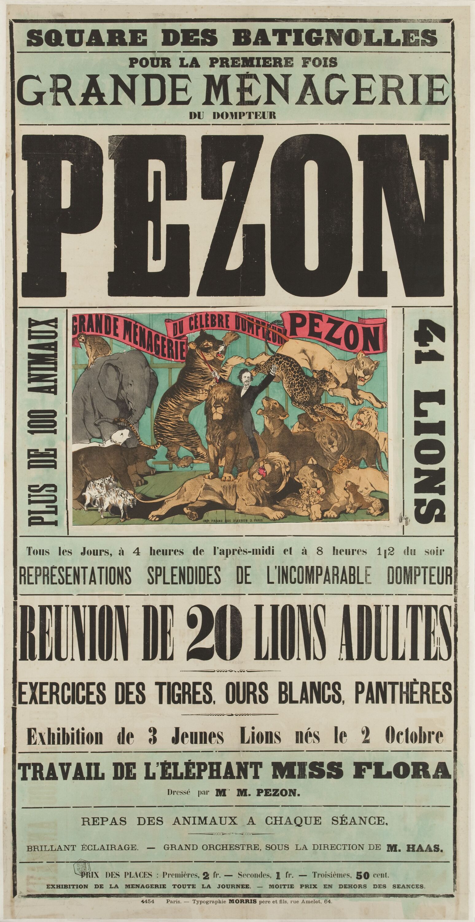 Ein altes Zirkusposter mit einem Löwen, einer Giraffe, einem Zebra und einem Flusspferd.