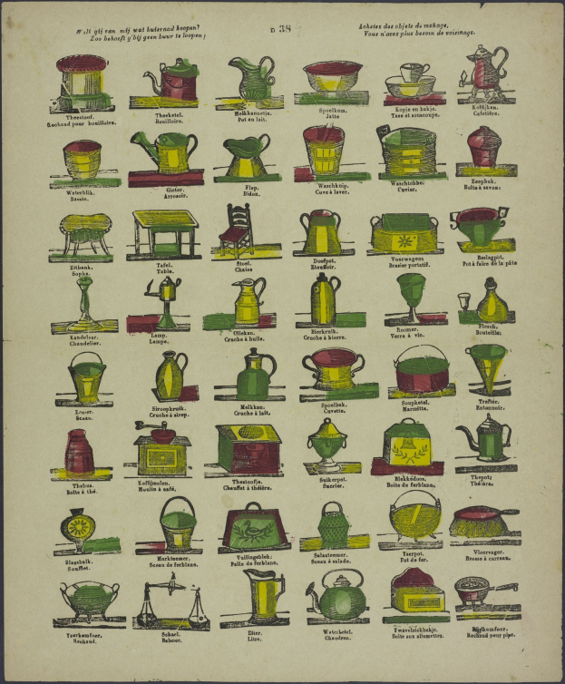 Ein Plakat mit ordentlich angeordneten, farbenfrohen Illustrationen von Küchenutensilien wie Töpfen, Pfannen und Geräten mit fetter Schrift.