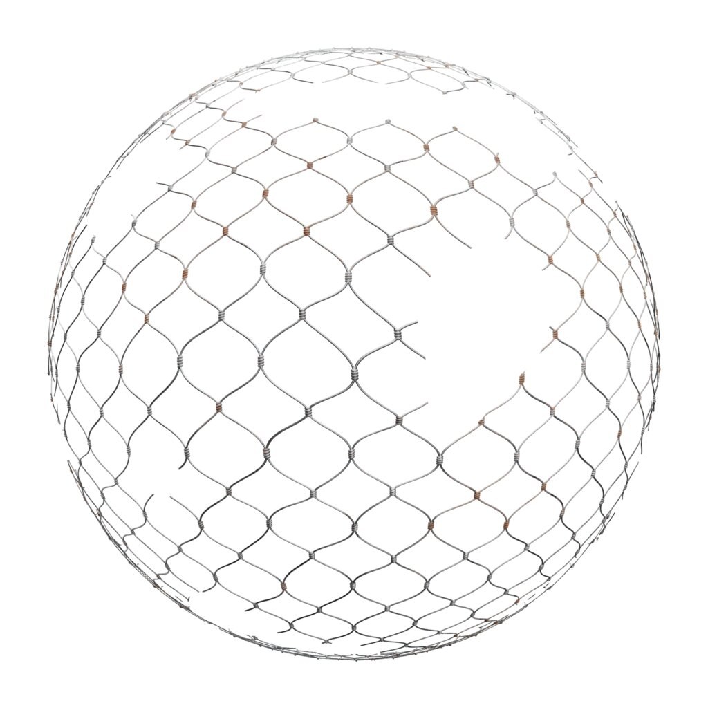 Ein runder Ball aus galvanisiertem hexagonalem Drahtgeflecht auf einem weißen Hintergrund.