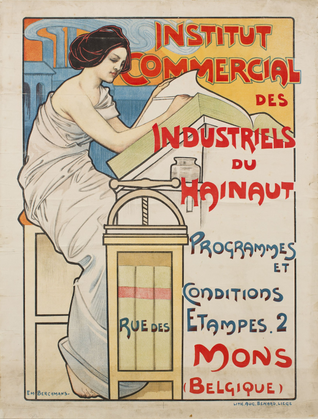 Ein Plakat für das Institut Commercial des Industriels du Hainaut, das eine Frau zeigt, die an einem Tisch sitzt und ein Buch hält, mit Text, der Informationen über das Institut enthält.