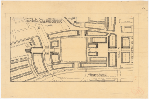 Ein altes Stadtplan von Köln, Deutschland, das die Gebäudeanlage mit begleitendem Text zeigt.
