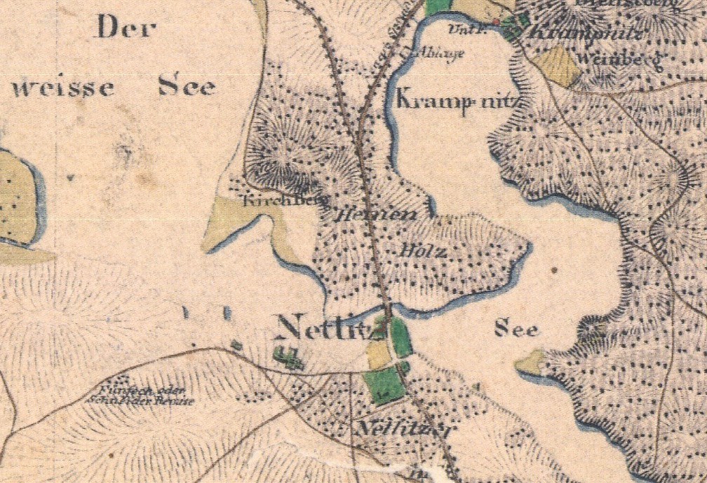 Detailiertes altes Stadtplan von Nettlitz, Deutschland, zeigt Straßen, Gebäude und Sehenswürdigkeiten mit handgeschriebener Text.