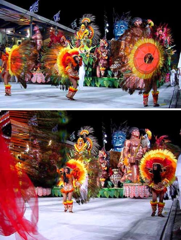 Ein Collage-Bild mit Menschen, die Kunst performen, einer Statue und einem Gebäude.