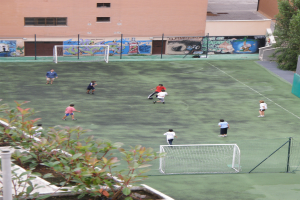 Kinder beim Fußballspielen auf einem Feld mit Toren, im Hintergrund ein Gebäude mit Graffiti, links Pflanzen und rechts Bäume.
