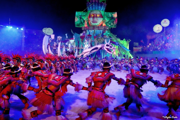 Eine Gruppe von Menschen in farbenfrohen Kostümen tanzt auf einer Bühne vor einem sitzenden Publikum, mit Lichtern, Polen und Ballons, und ein Bildschirm zeigt im Hintergrund eine Person, während des Karnevals in Rio de Janeiro 2014.