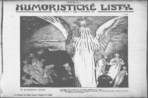 Ein Schwarz-Weiß-Plakat mit einer Gruppe von Menschen, die nach oben zu einem Vogel schauen, mit der fettgedruckten Beschriftung "humoristicke list - april 1921".