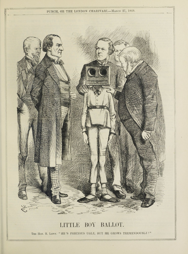 Zeichnung eines kleinen Jungen mit einer Kamera, umgeben von Menschen, mit dem Text 'Kleiner-Junge-Stimme' unten.