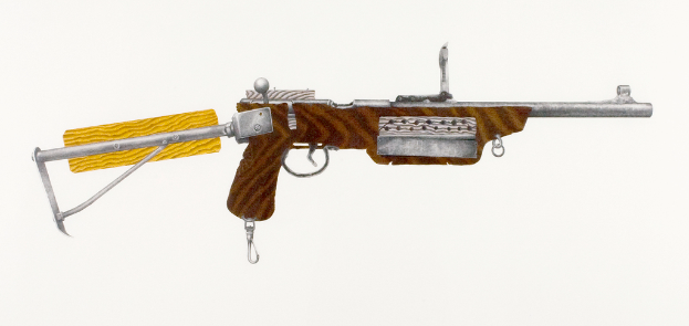 Eine Waffe vor einem einfarbigen Hintergrund.