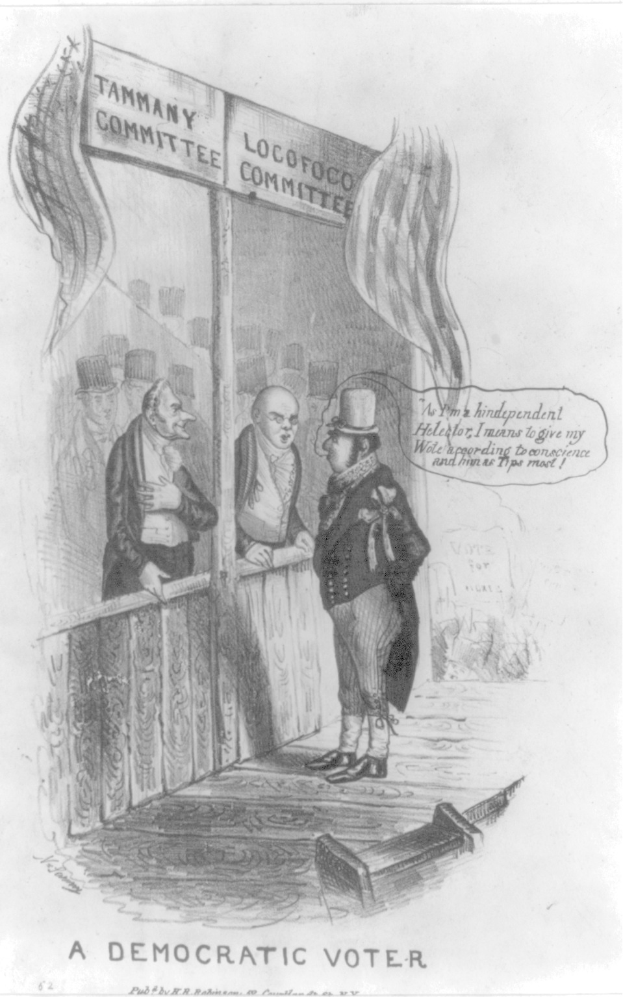 Ein Mann in einem Anzug steht selbstbewusst vor einer Tür, die mit "Ein demokratischer Wähler" beschriftet ist.