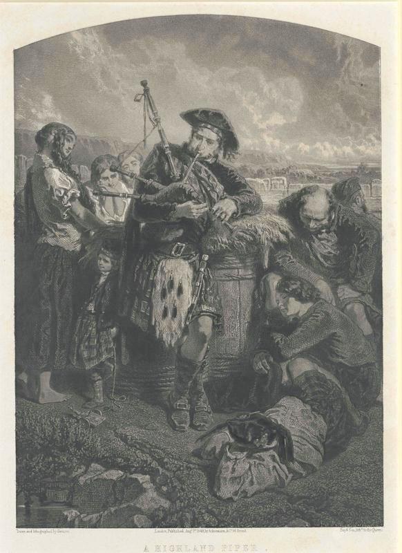 Schwarze und weiße Gravur eines Mannes, der eine Dudelsack vor einer Gruppe von Menschen spielt, mit einem bewölkten Himmel im Hintergrund, beschriftet mit "Ein Highland-Pfeifer" unten.