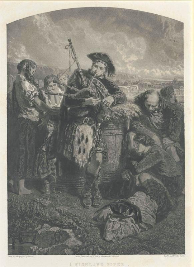 Schwarze und weiße Gravur eines Mannes, der eine Dudelsack vor einer Gruppe von Menschen spielt, mit einem bewölkten Himmel im Hintergrund, beschriftet mit "Ein Highland-Pfeifer" unten.