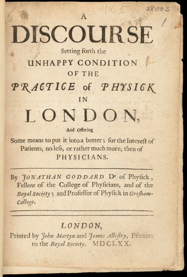 Ein aufgeschlagenes Buch mit dem Titel 'Eine Abhandlung über den unglücklichen Zustand der Praxis der Medizin in London' mit sichtbarem schwarzem Tintentext auf der Seite.