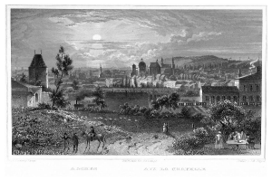 Ein schwarz-weißes Kupferstichbild einer Stadtlandschaft mit Vollmond, das Bäume, Pflanzen, Menschen und Gebäude zeigt, mit der Beschriftung "Aachen, die Hauptstadt Deutschlands" unten.