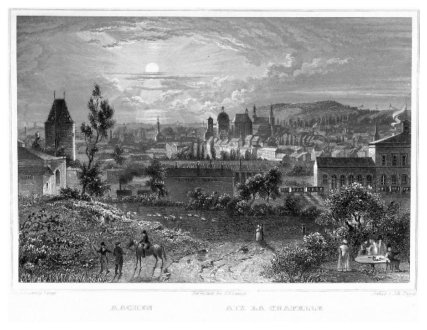 Ein schwarz-weißes Kupferstichbild einer Stadtlandschaft mit Vollmond, das Bäume, Pflanzen, Menschen und Gebäude zeigt, mit der Beschriftung "Aachen, die Hauptstadt Deutschlands" unten.