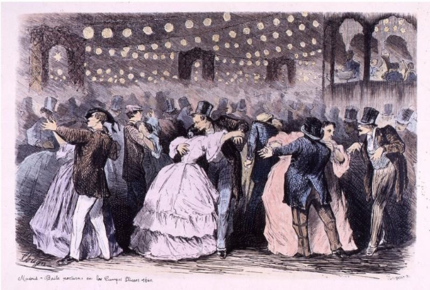Eine Gruppe von Menschen, die in einem Ballsaal tanzen, mit Wänden und Deckenbeleuchtung, und mit Text unten, der "Madame Baille Nacional en la Campagne Bleuet, 1860" lautet.