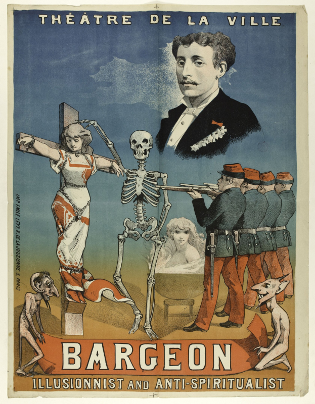 Plakat für das Théâtre de la Ville in Paris mit einem Skelett mit ausgestreckten Armen, umgeben von aufgeregten Menschen, mit der Aufschrift "Bargeon Illusionist und Anti-Spiritualist".