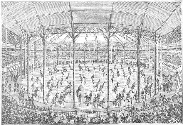 Schwarze und weiße Illustration eines Eishockeyspiels in einer großen Arena mit Zuschauern während der Olympischen Spiele in London, England.