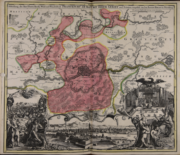 Ein altes Buch mit einer zentralen Deutschlandkarte, umgeben von Illustrationen und Text, verströmt einen klassischen und zeitlosen Look.