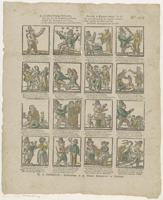 Eine Buchseite mit einer Zeichnung eines verzweifelten Mannes mit Hut und Frau in Kleidung inmitten einer heftigen Diskussion, umgeben von Text und zusätzlichen Bildern.