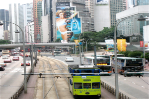 Eine belebte Stadtstraße mit verschiedenen Fahrzeugen, darunter Doppeldeckerbusse, Autos und andere Fahrzeuge, umgeben von Pfählen, Laternen, Tafeln, Bannern, Bäumen, einer Brücke, hohen Gebäuden und einem klaren blauen Himmel, mit Text unten.