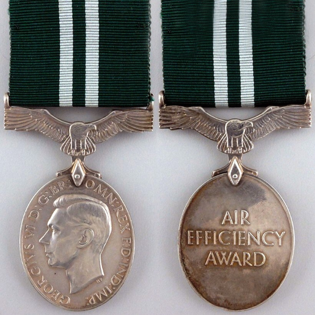 Zwei Medaillen mit grünen und weißen Bändern; eine zeigt das Bild einer Person, die andere den Text "Air Efficiency Award".