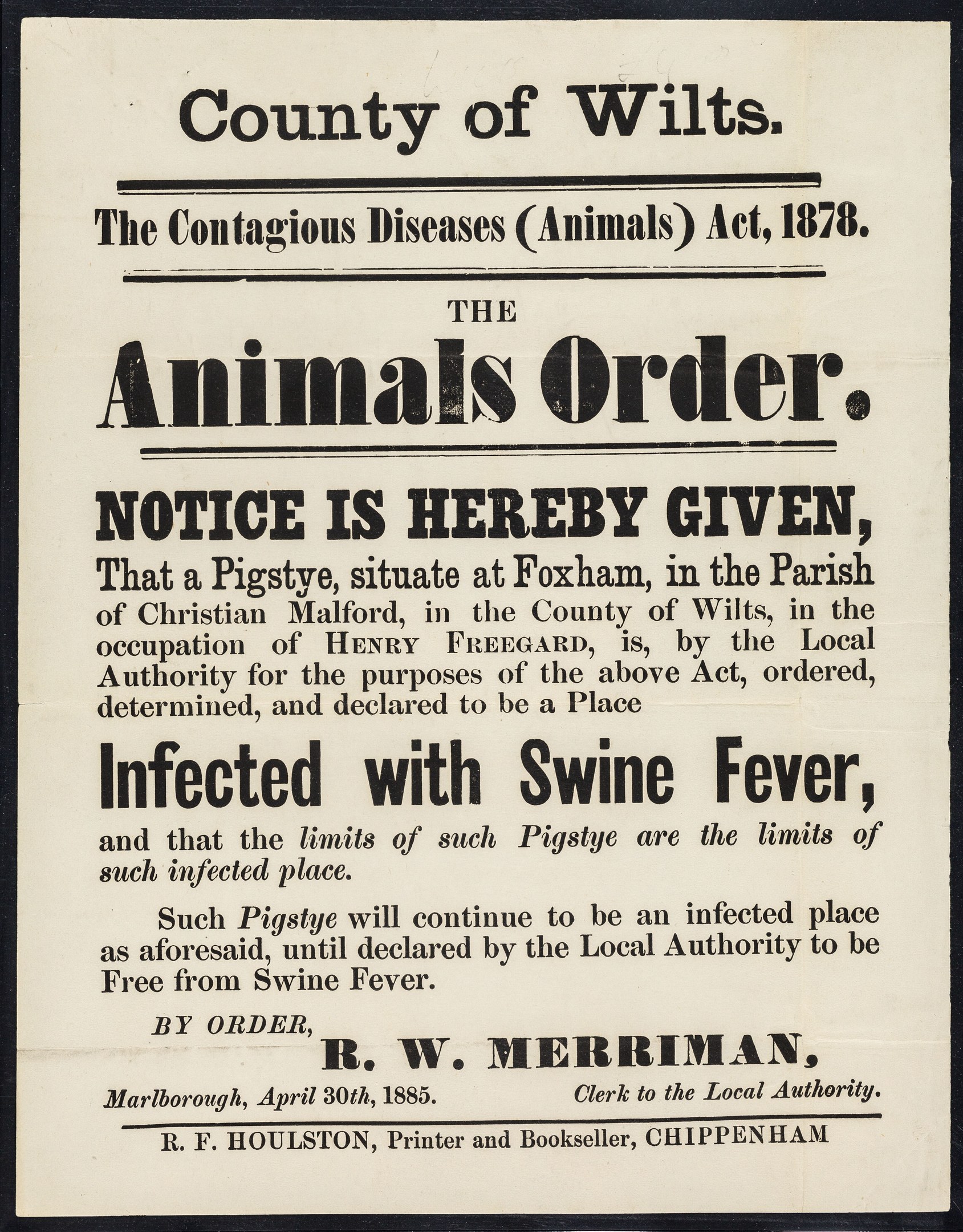 Plakat mit der Aufschrift "Der Landkreis Wilts, Das Gesetz über ansteckende Tierkrankheiten, 1878" mit einer Ankündigung über Schweinepest-Infizierte Tiere.