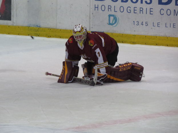 Eishockeyspieler in rotem und gelbem Trikot bei einem Save auf dem Eis, mit Helm, Handschuhen und Knieschonern, einen Hockeystock haltend, mit einer Wand und Text im Hintergrund.