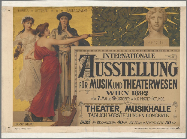 Plakat für die Internationale Ausstellung für Musik und Theaterwesen in Wien, das eine Gruppe von Menschen in einem Kreis mit einer Frau, die ein Musikinstrument hält, in der Mitte zeigt und Text, der die Veranstaltungsdetails angibt.
