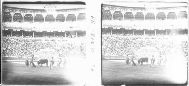 Schwarzes und weißes Foto eines Stierkampfs in einem Stadion, mit Zuschauern auf den Rängen und Menschen und Tieren im Vordergrund.