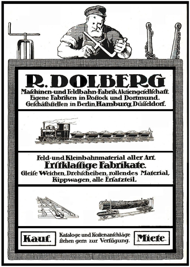 Ein Plakat bewirbt die Fabrik von R.D. Dolberg in Hamburg, Deutschland, mit Text, einem Bild einer Person, einem Zug und anderen Gegenständen.