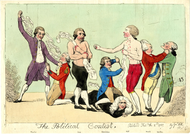 Politisches Cartoon namens 'Der politische Wettbewerb', das Menschen in bunten Kleidern zeigt, wobei eine Person in der Mitte liegt.