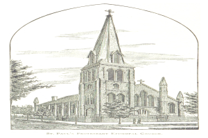 Eine Zeichnung der St. Paul's Protestant Episcopal Church mit einem Turm und umgebenen Bäumen, mit Text am unteren Bildrand.