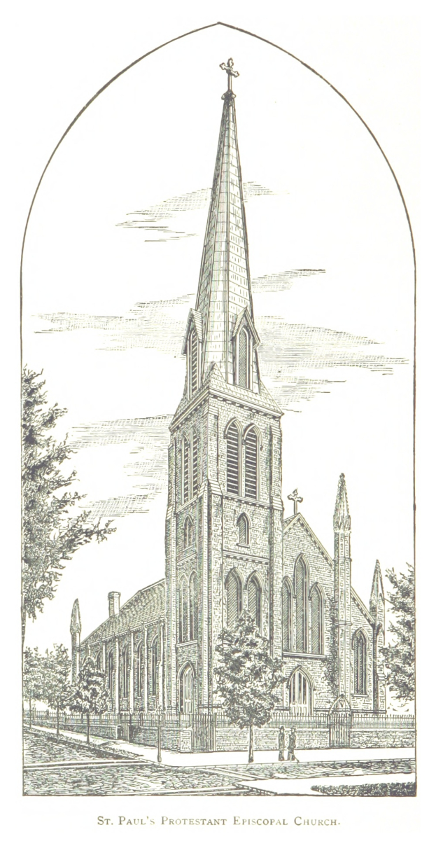 Eine Zeichnung der St. Paul's Protestant Episcopal Church mit einem Turm und umgebenen Bäumen, mit Text am unteren Bildrand.