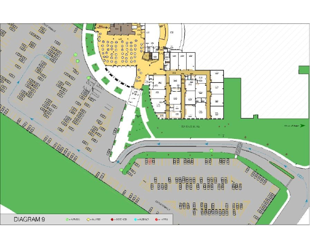 Lageplan-Karte einer neuen Entwicklung in San Antonio, Texas, die Straßen, Gebäude und Sehenswürdigkeiten zeigt.