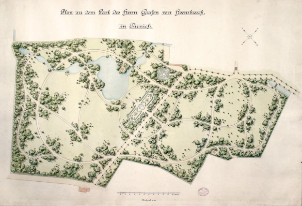 Eine Karte eines Parks mit einem zentralen Teich, umgeben von Bäumen und Pflanzen, mit Text, der zusätzliche Informationen bereitstellt.