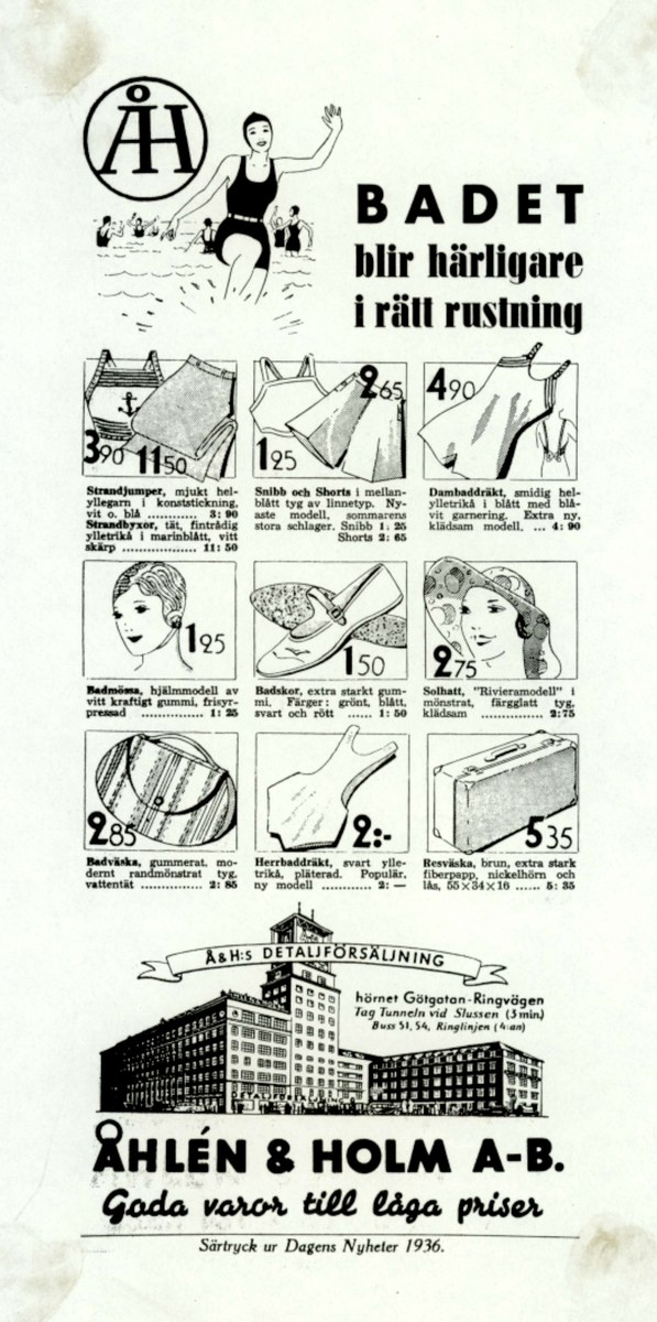 Frau in einem weißen Bikini mit blauen und weißen Streifen, trägt einen Pferdeschwanz und schaut direkt in die Kamera in einer Werbung umgeben von Bildern von Menschen, Gebäuden und fettem Text.